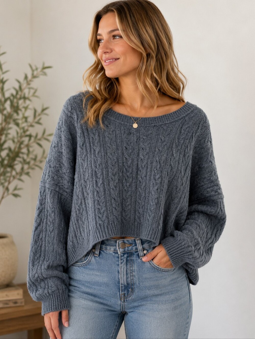 Knox Rose Gray Cable Knit Oversized Cropped Sweater Medium Cozy Cottagecore
